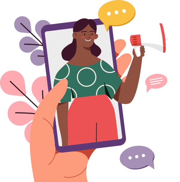 illustration of a hand holding a phone and on the phone is a woman holding a megaphone